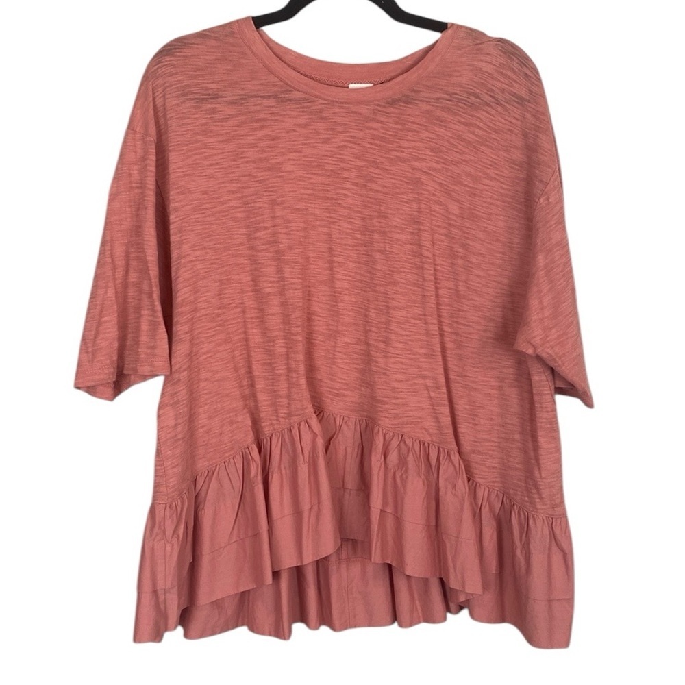 Anthropologie pink oversized ruffle trim top